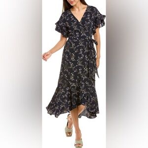 NWT Max Studio Floral Women’s Ruffle Crepe Wrap Midi Dress | X-Small